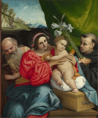 De Maagd en Kind met de Heiligen Hiëronymus en Nicolaas van Tolentino door Lorenzo Lotto